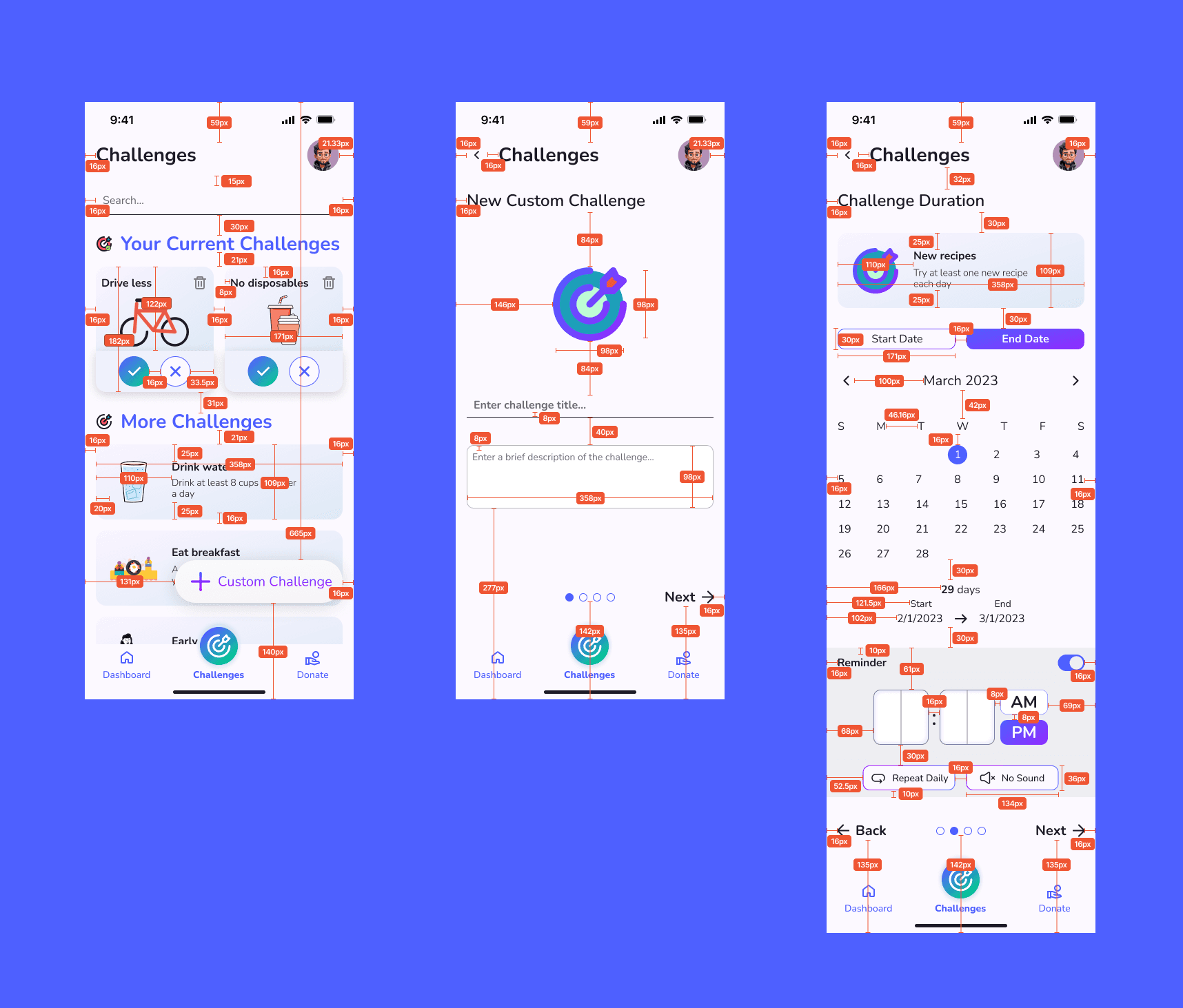 Annotated Challenges screens including custom challenge creation and reminders