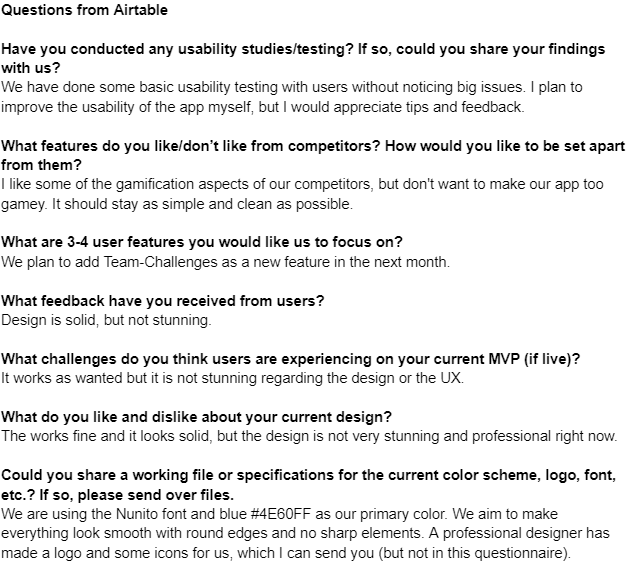 Airtable questionnaire covering usability, competitors, features, and brand specs