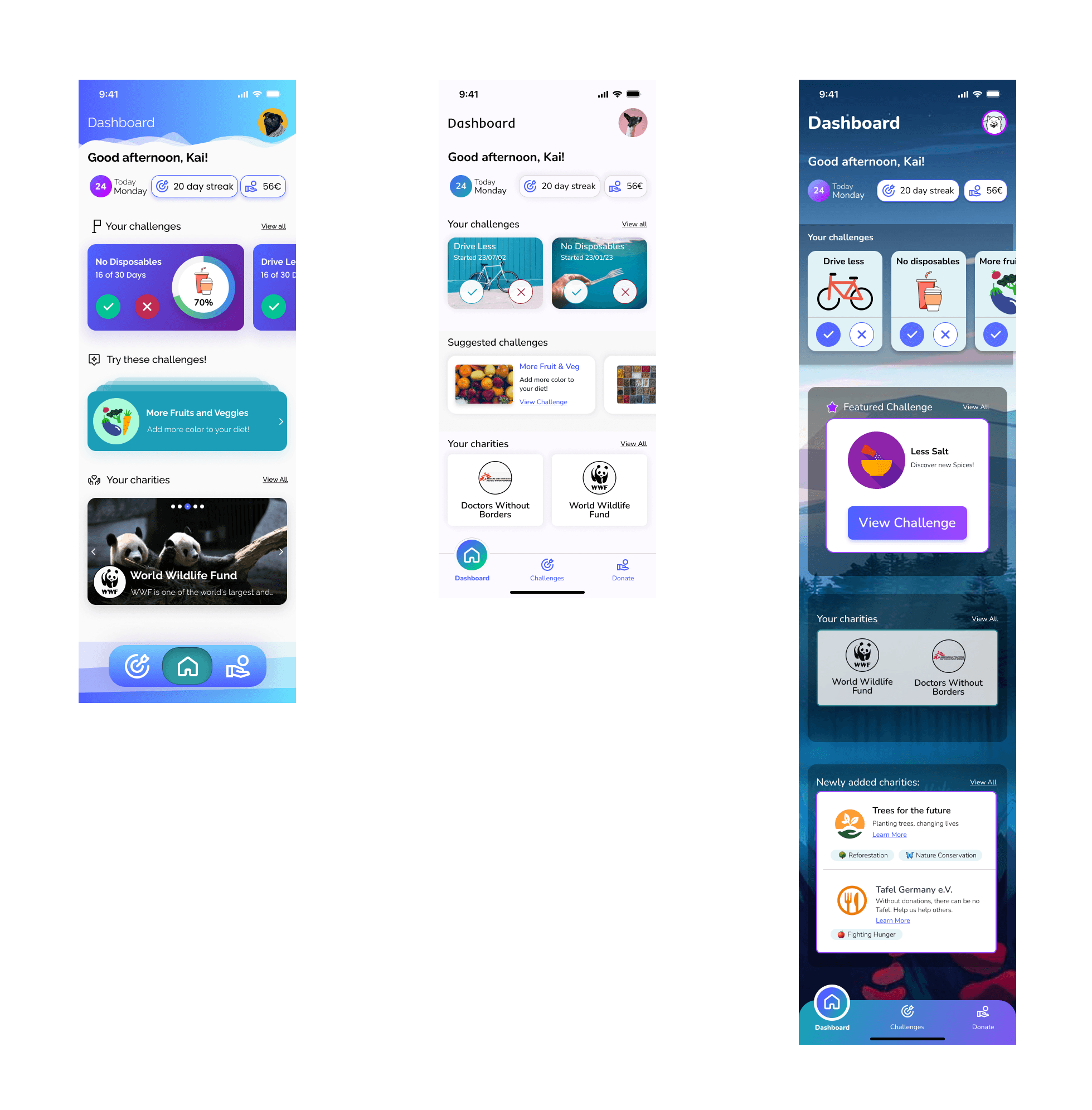 Three dashboard directions — playful gradient, clean light, and dark photographic