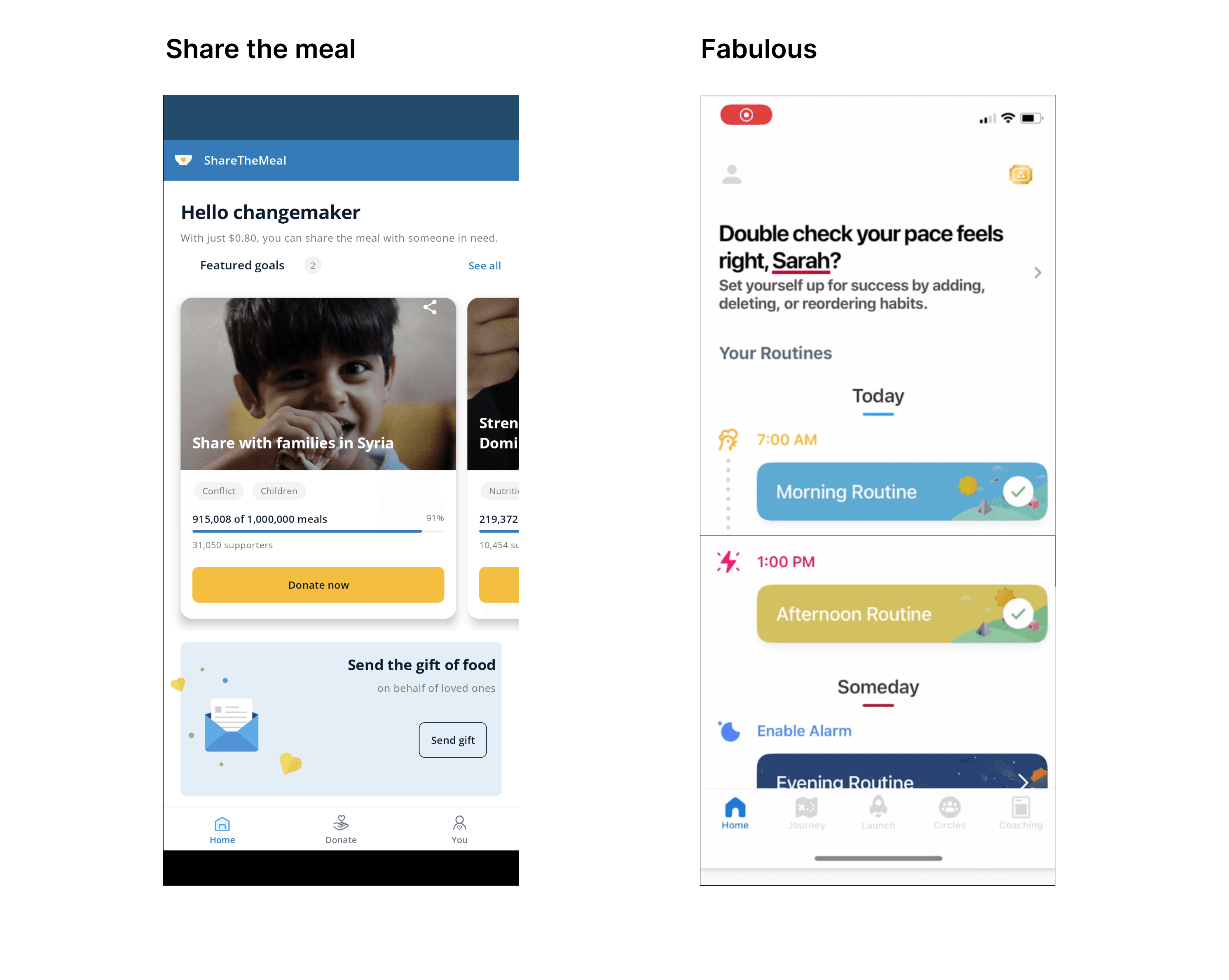 Inspiration screens from ShareTheMeal and Fabulous