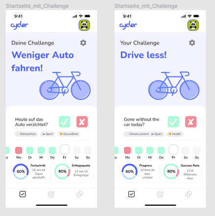 Original Cycler home screen in German and English — Drive less challenge with daily check-in