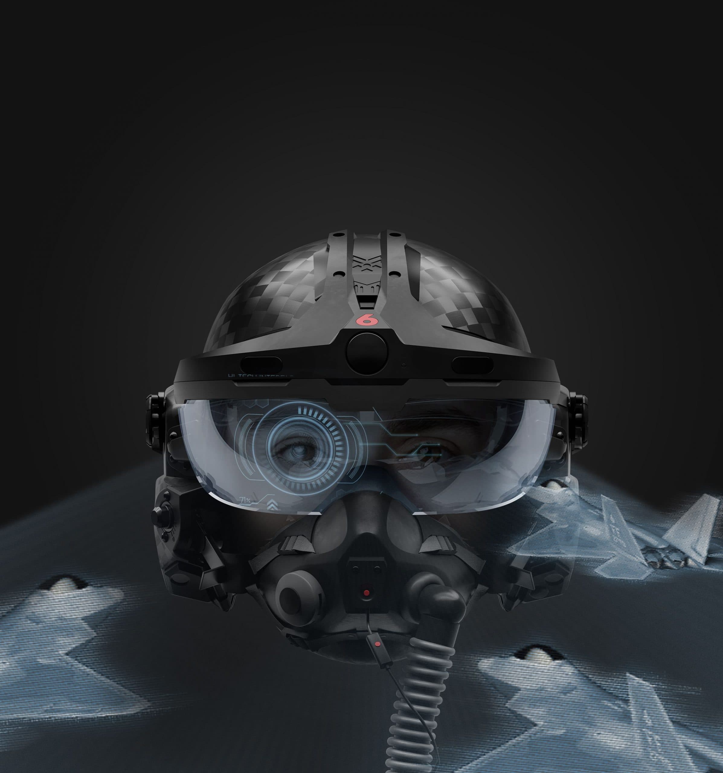 Red 6 AR helmet with a synthetic heads-up overlay and rendered aircraft