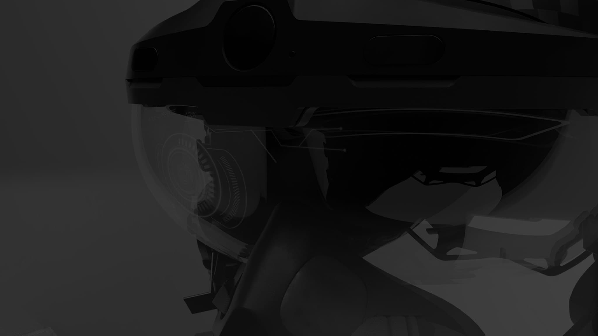 Close-up of the AR helmet visor with a faint heads-up reticle