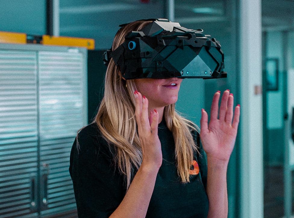 A team member wearing an augmented-reality headset during testing