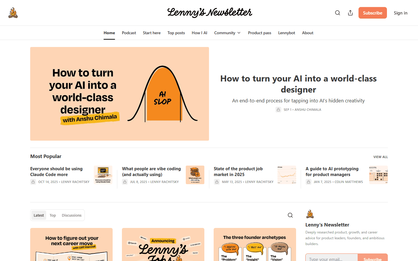Lenny’s Newsletter on Substack — featured posts and a reading feed