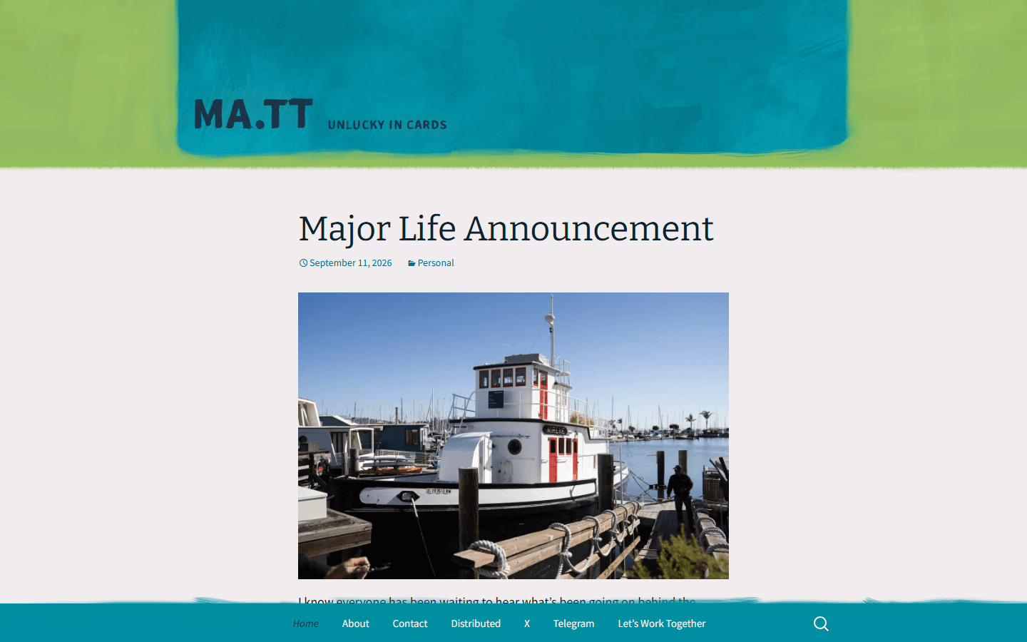A WordPress blog post on ma.tt — title, date, and cover photo