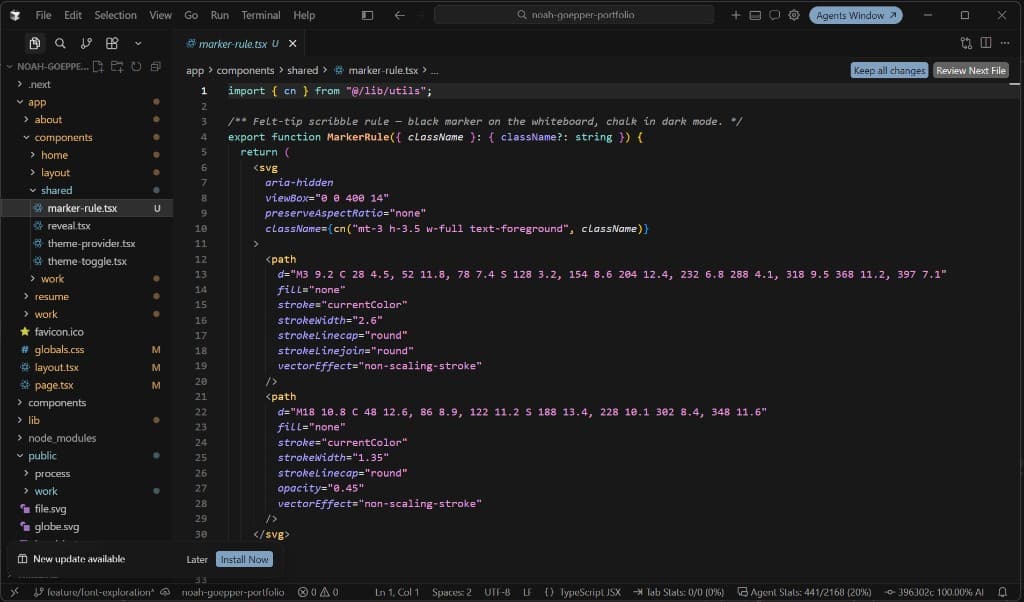 Cursor with the project open — file tree, editor, and agent window