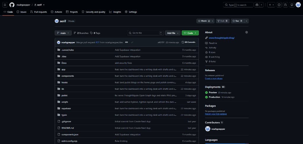 GitHub repo for ThoughtRipple — file tree, thoughtripple.blog, and Vercel preview and production deploys