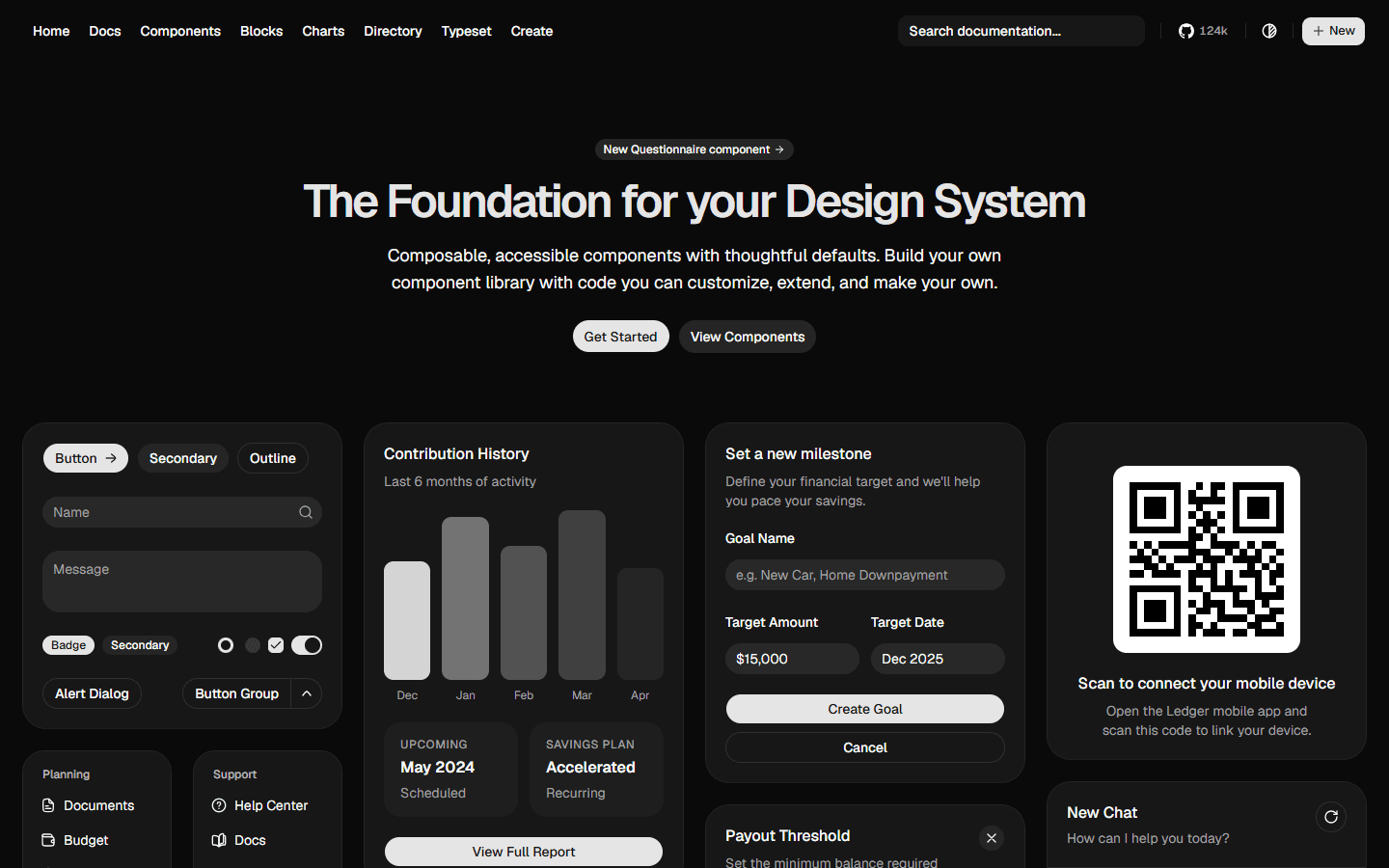 shadcn homepage — The Foundation for your Design System, with example components