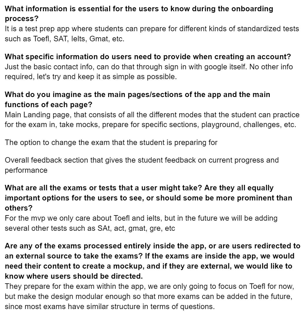 Client questionnaire with answers about onboarding, account creation, app sections, and exam scope