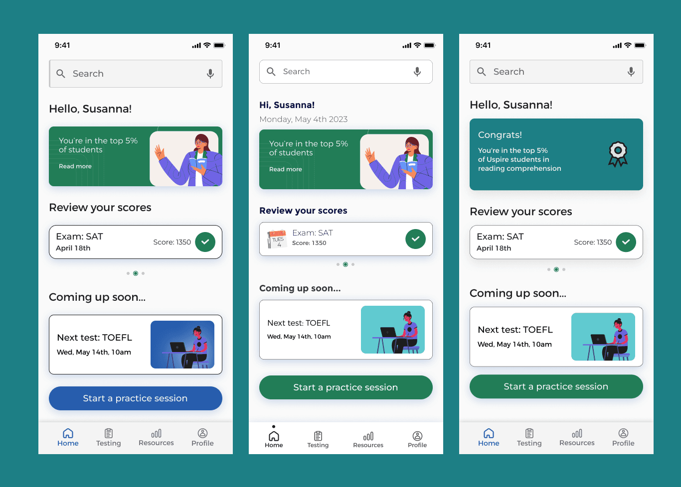 A board of home-screen iterations exploring different greetings, score summaries, and practice CTAs