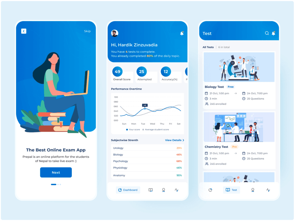 Inspiration from Prepal, an online exam app with a clean blue dashboard and test cards