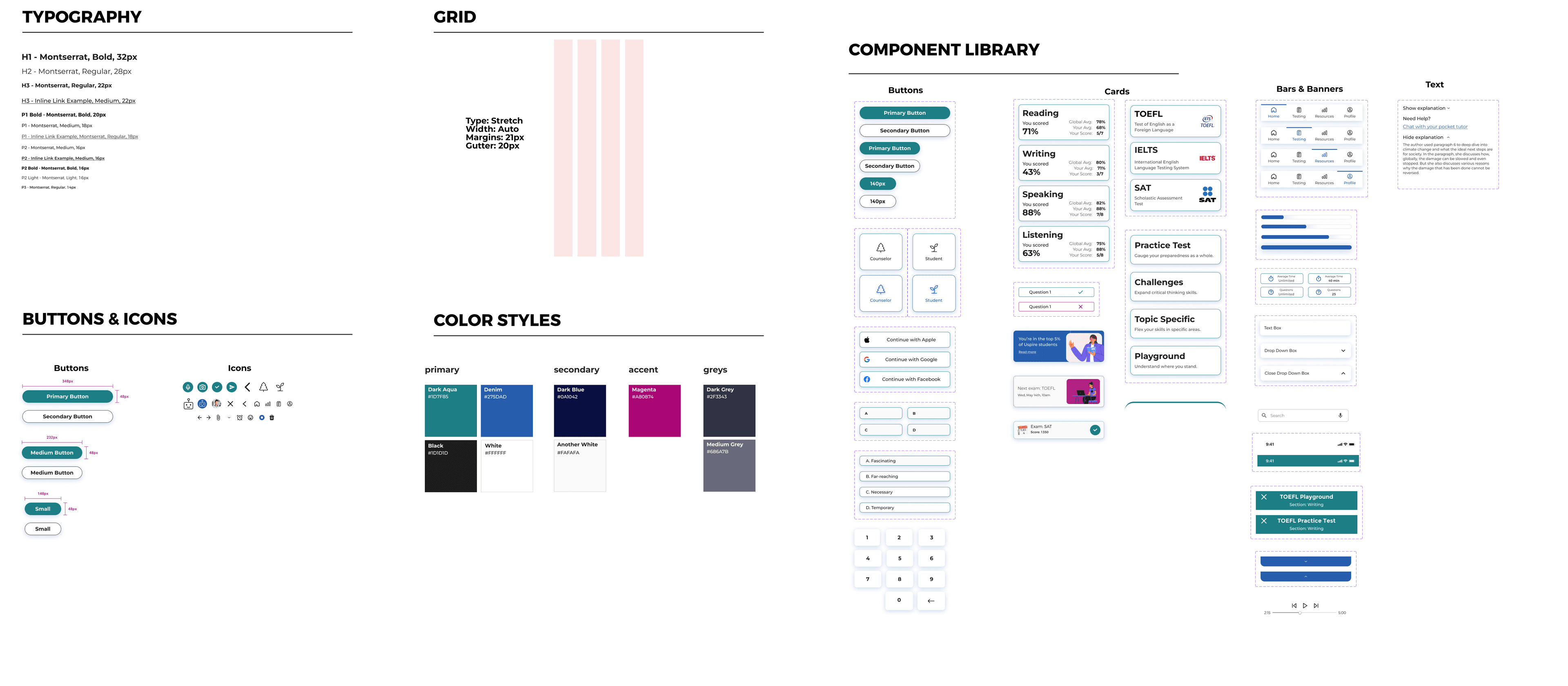 Uspire style guide covering Montserrat type, pill buttons, a 4-column grid, and exam cards