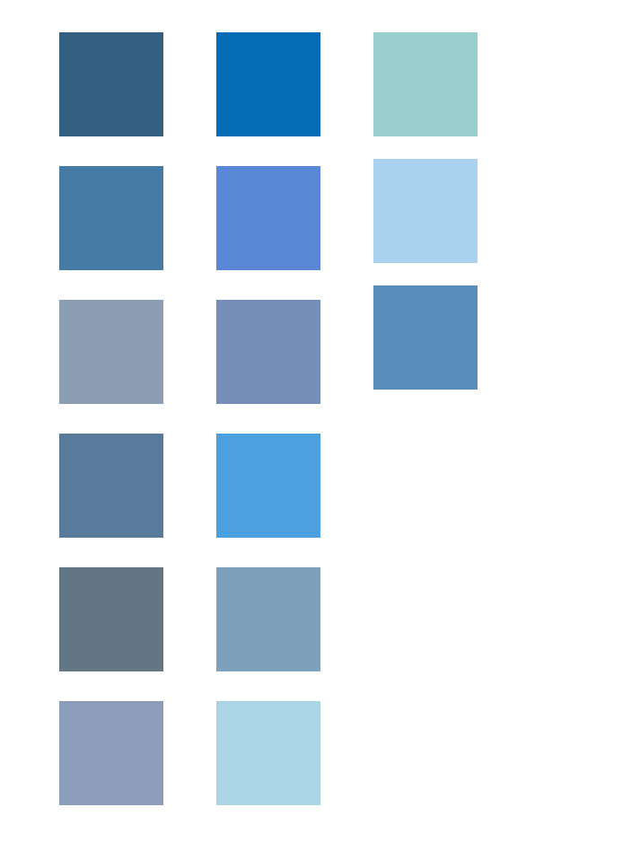 Grid of blue color swatches explored for the Clawest brand