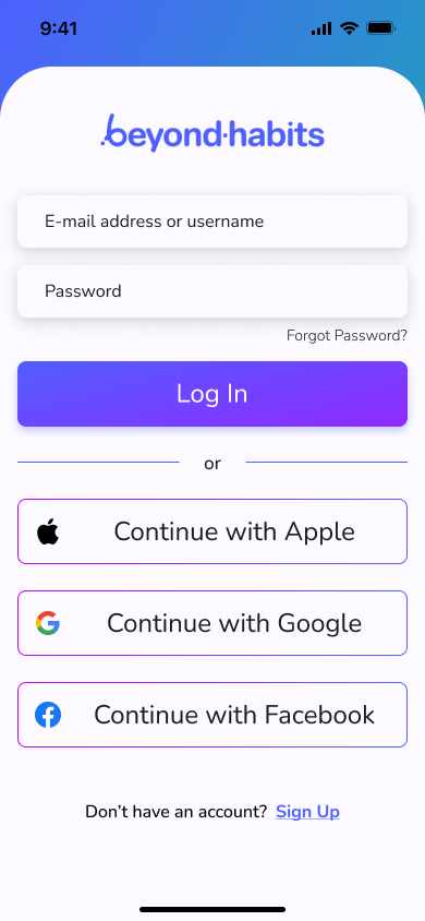 Log in with email or Apple, Google, and Facebook