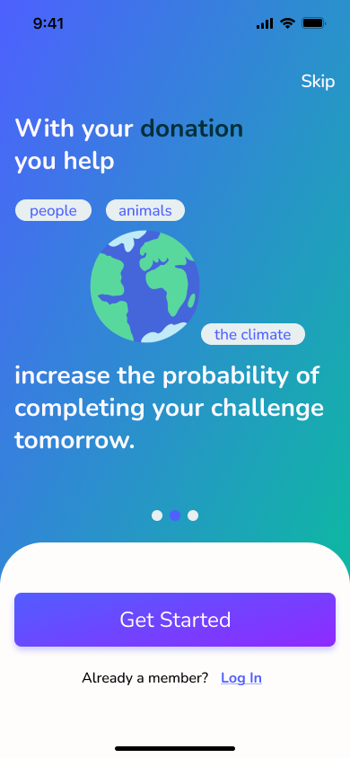 Onboarding — donations help people, animals, and the climate