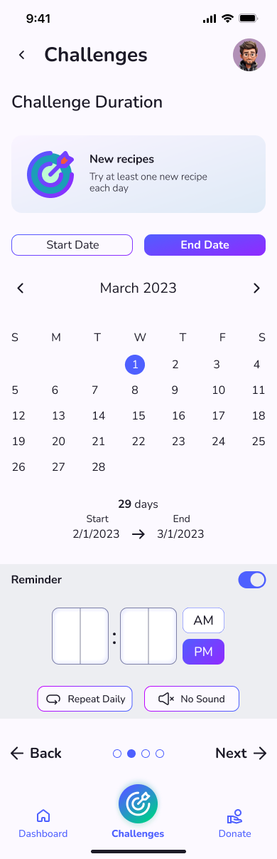 Challenge duration calendar and reminder settings