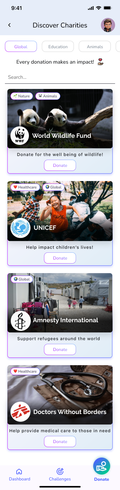 Discover Charities feed with Donate buttons