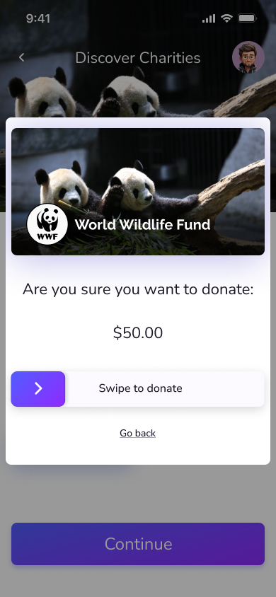Swipe to donate $50.00 to World Wildlife Fund