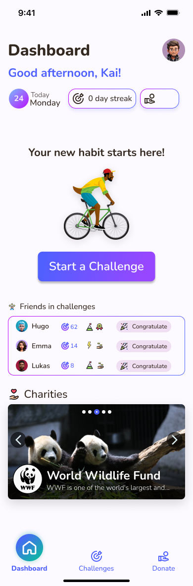Empty dashboard — start a challenge