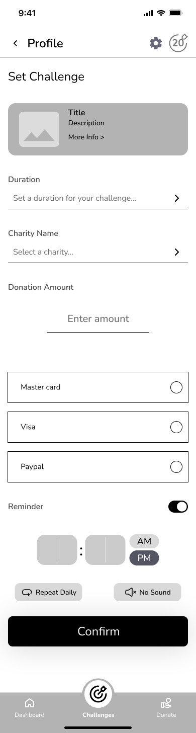 Mid-fi set challenge — duration, charity, donation, and reminder