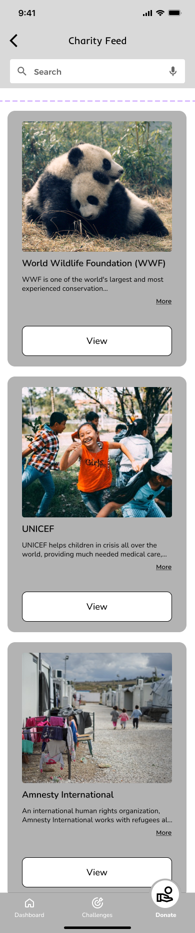 Mid-fi charity feed — WWF, UNICEF, and Amnesty cards