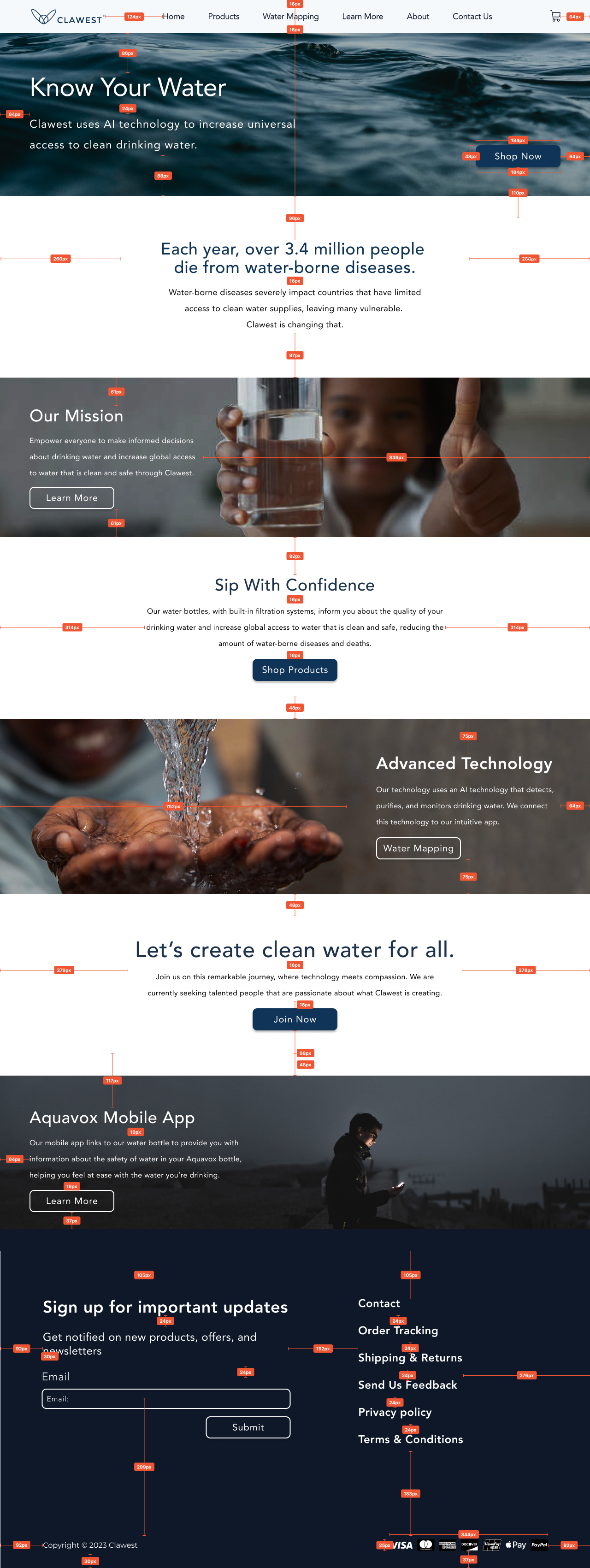 Home page annotated with spacing and sizing redlines