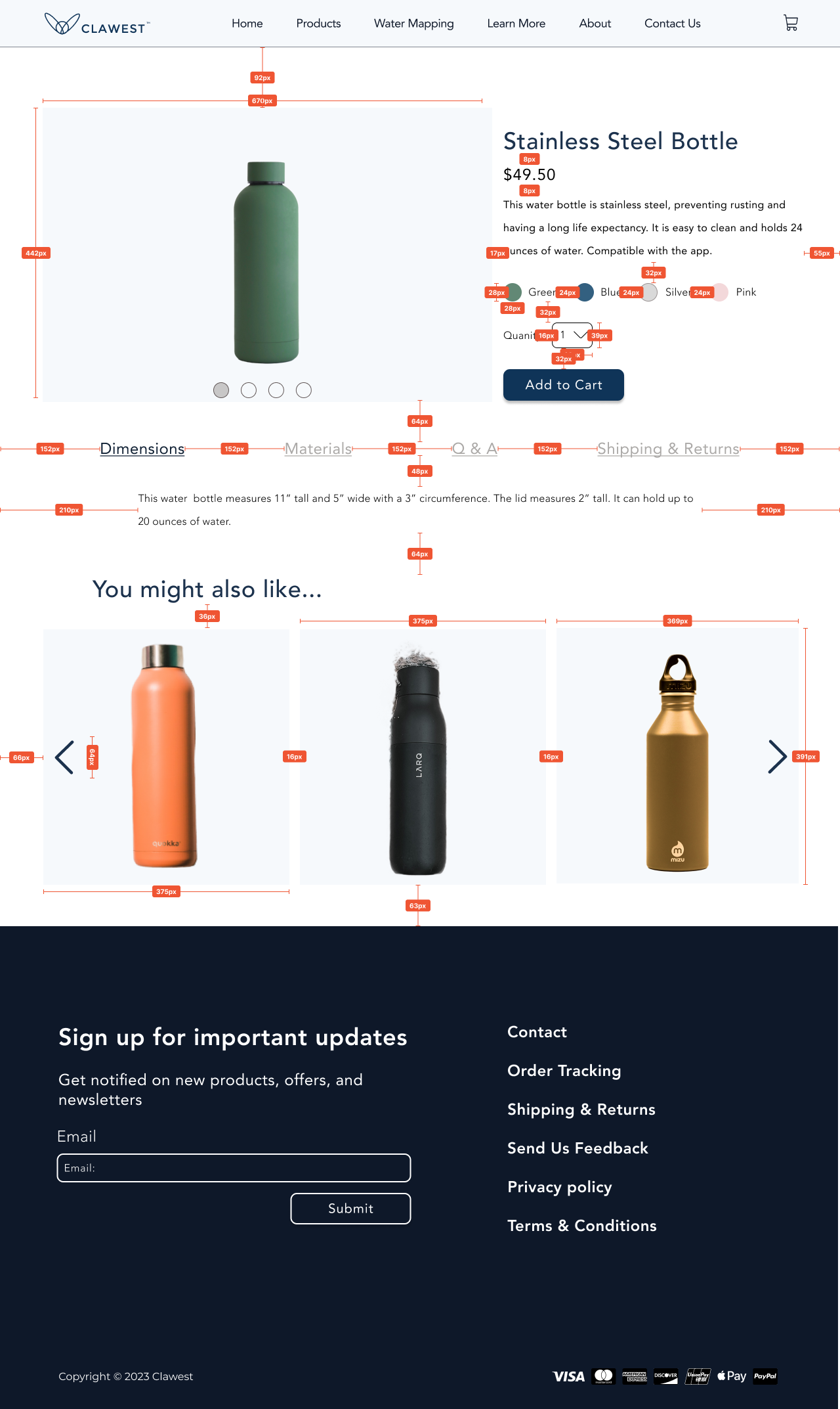 Product detail page annotated with measurements