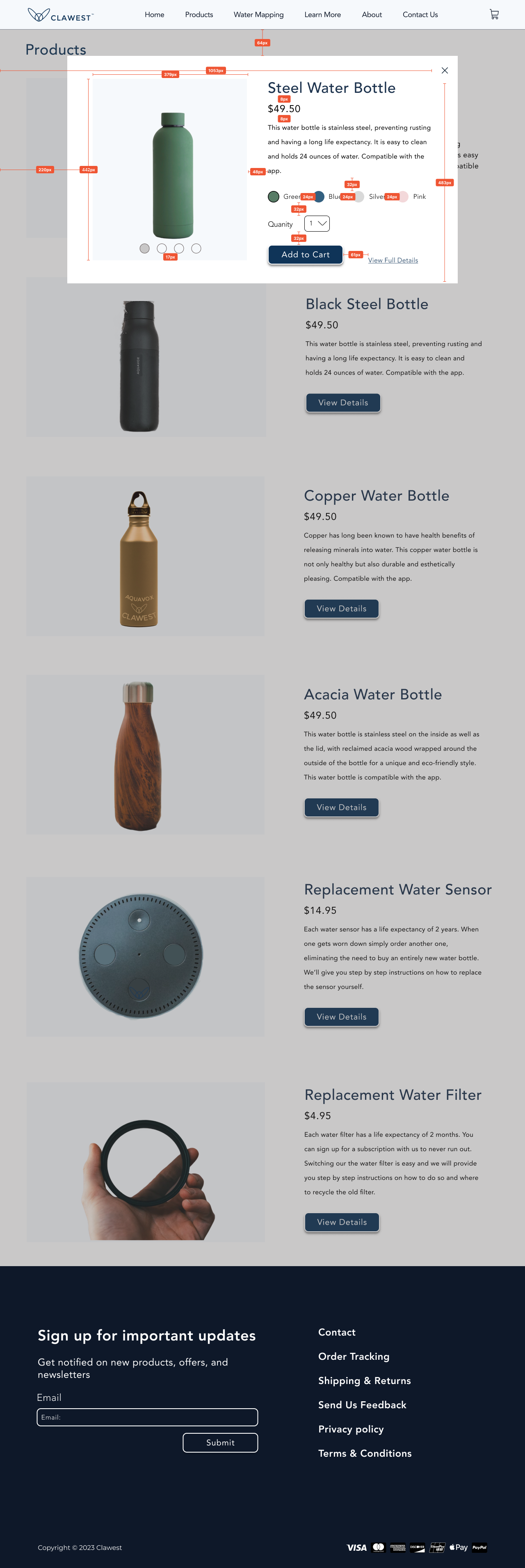 Product listing page annotated with measurements