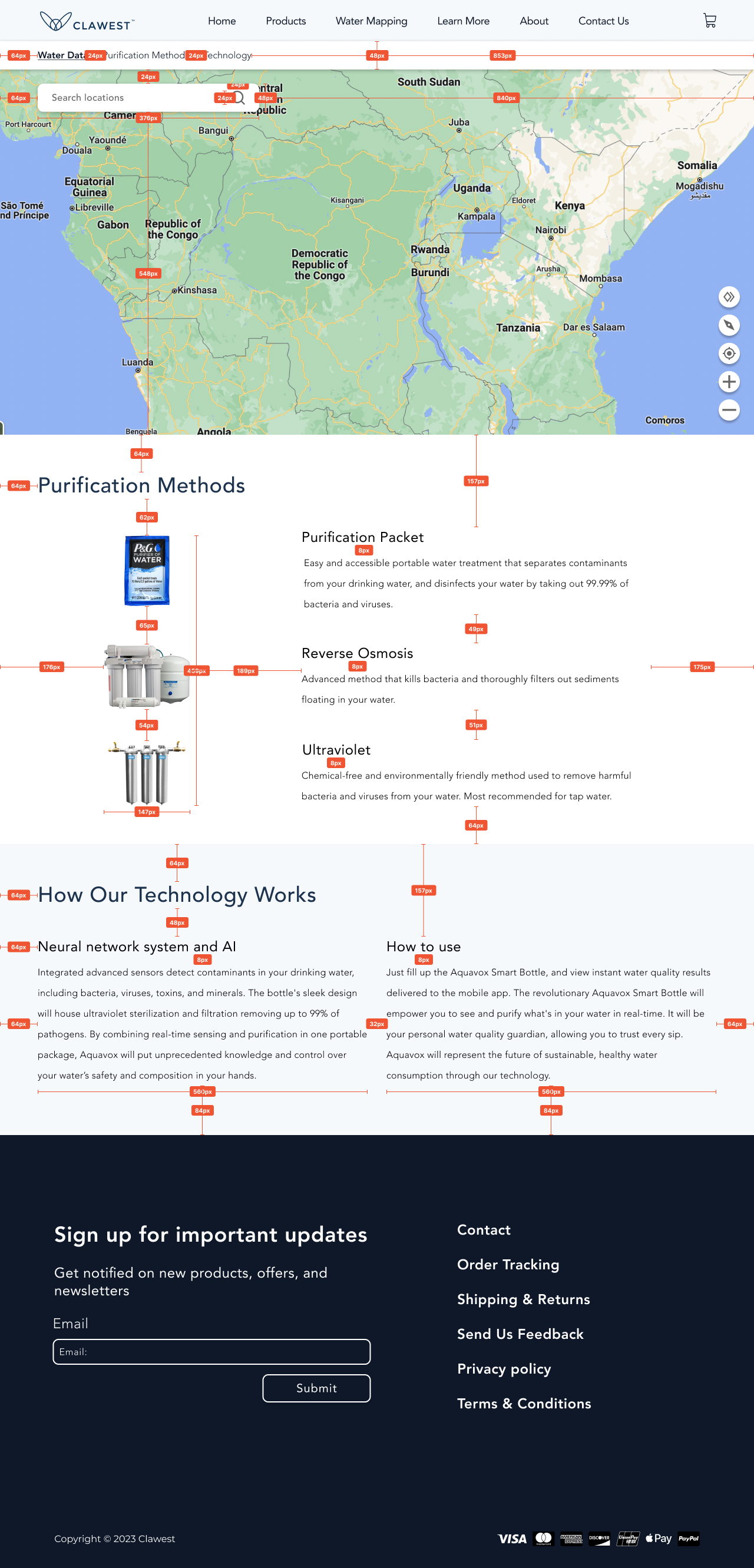Water mapping page annotated with measurements