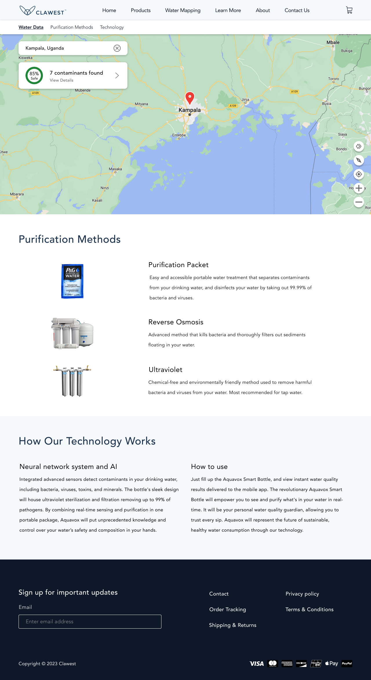 Water mapping page showing water quality by geographic location
