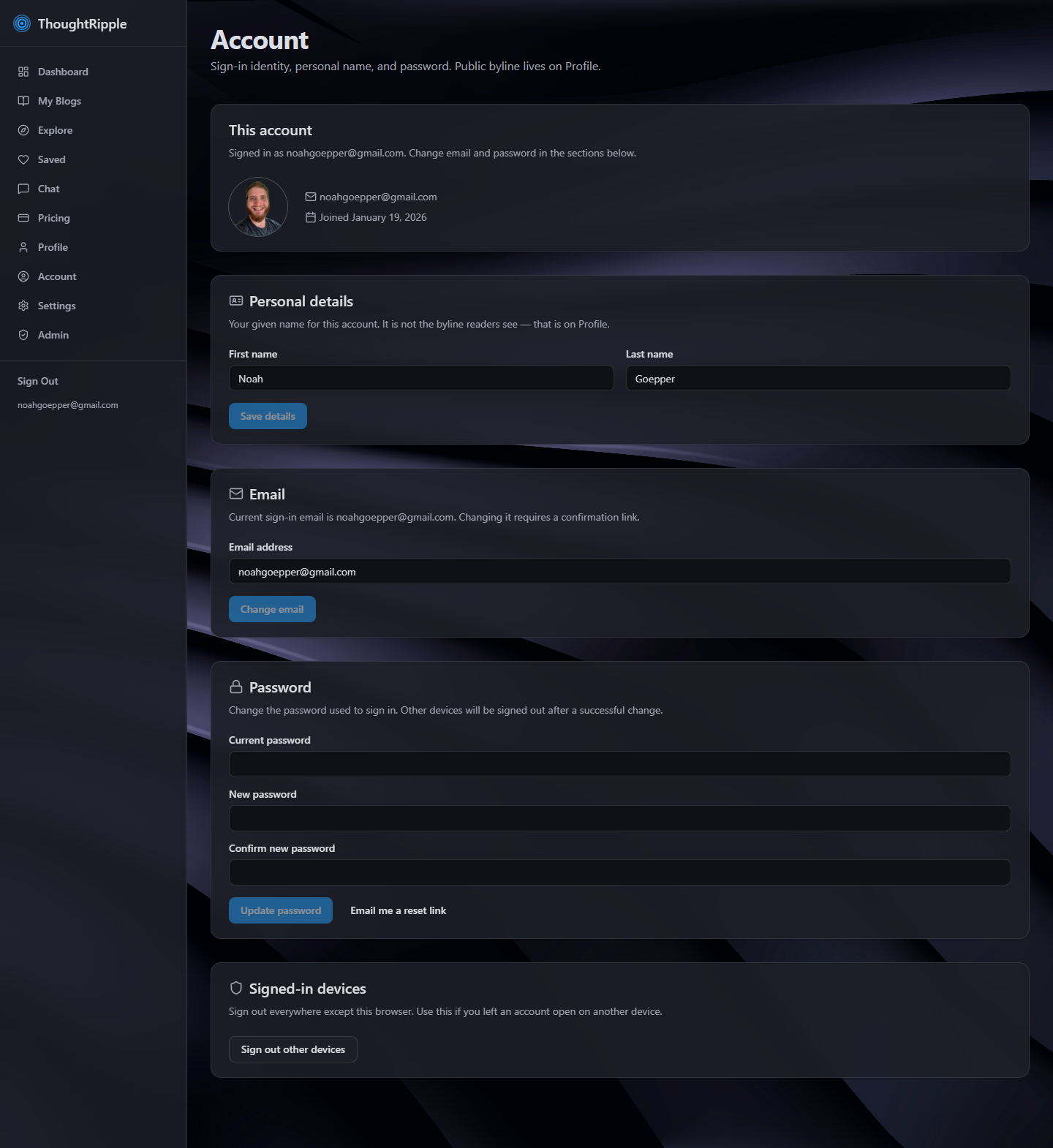 ThoughtRipple account settings — name, email, and password