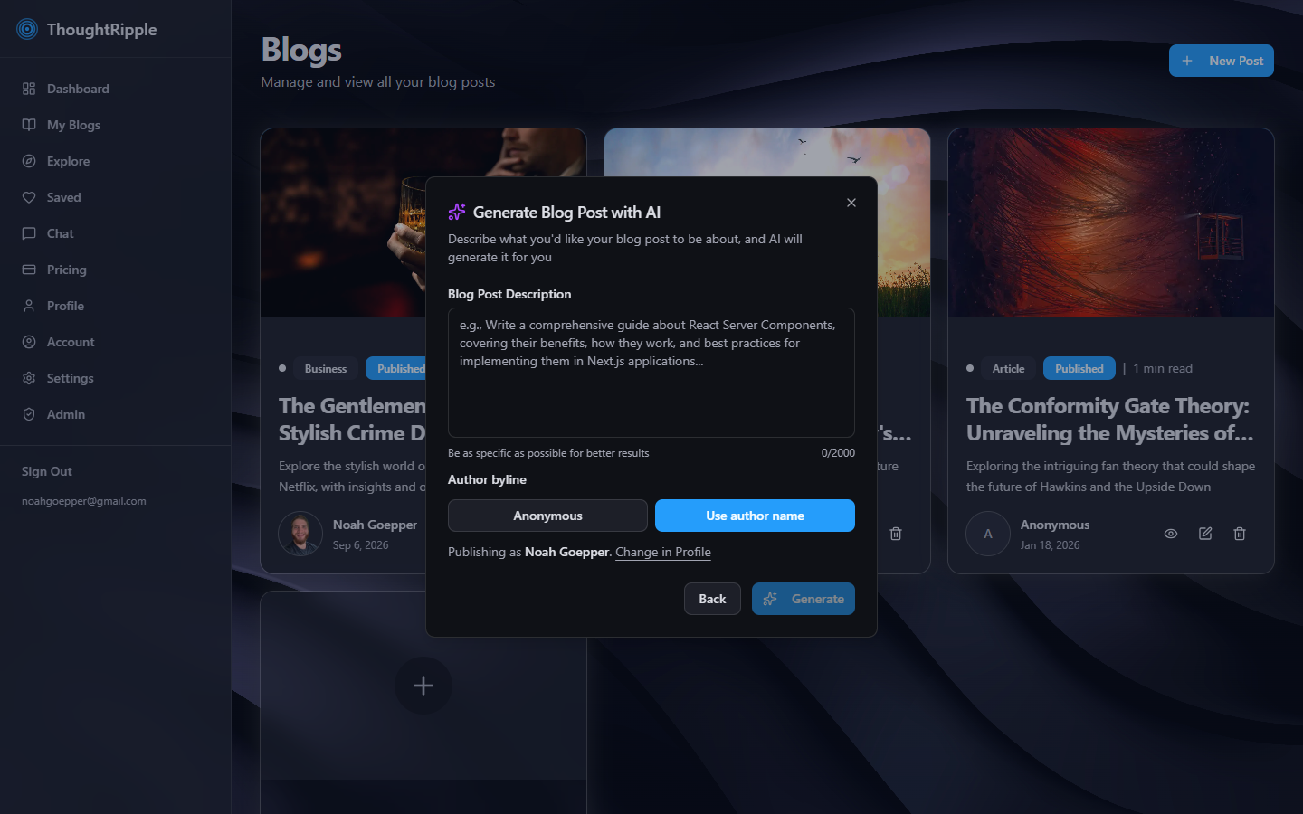 Generate Blog Post with AI — description, byline, and generate