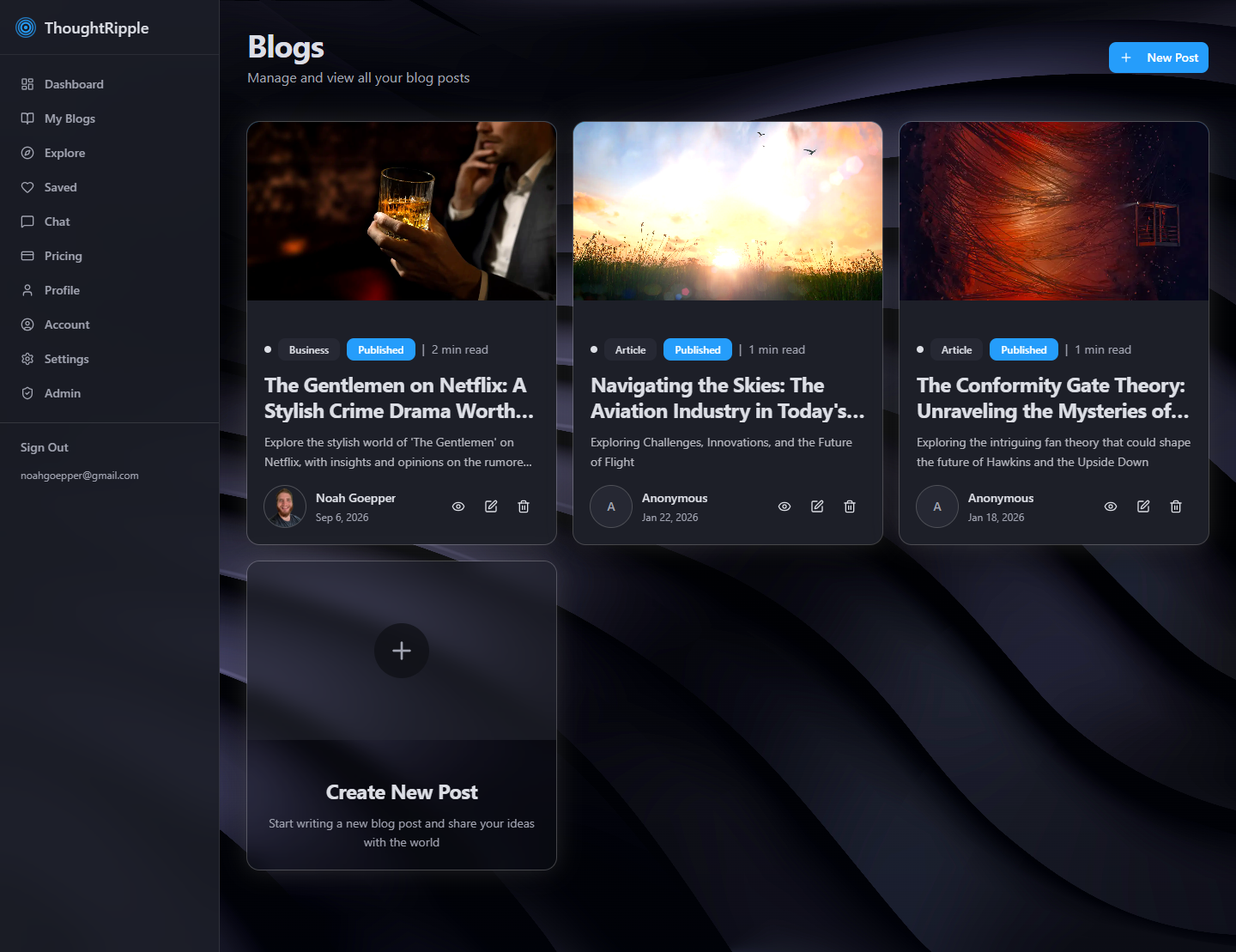 My Blogs — published posts with edit and delete