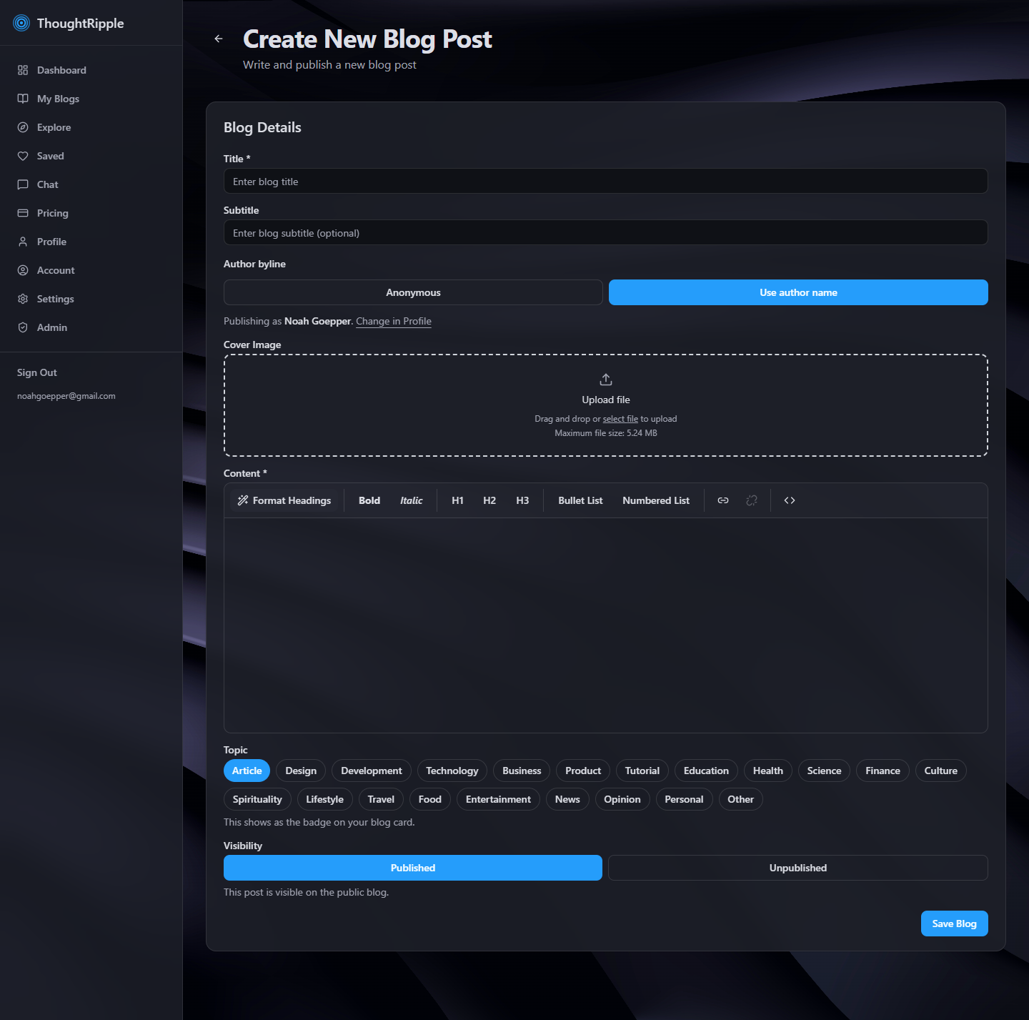 Create New Blog Post editor with cover image, content, topics, and publish