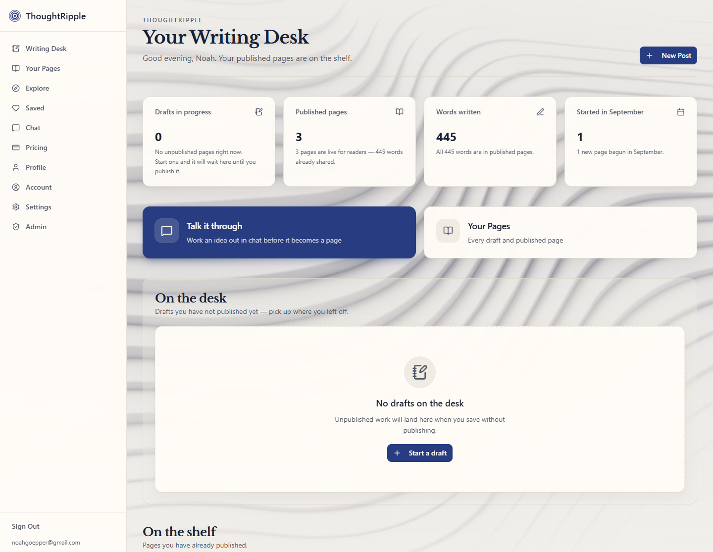 ThoughtRipple dashboard home in light mode — Your Writing Desk