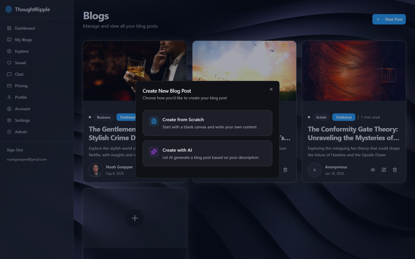 Create New Blog Post — from scratch or with AI
