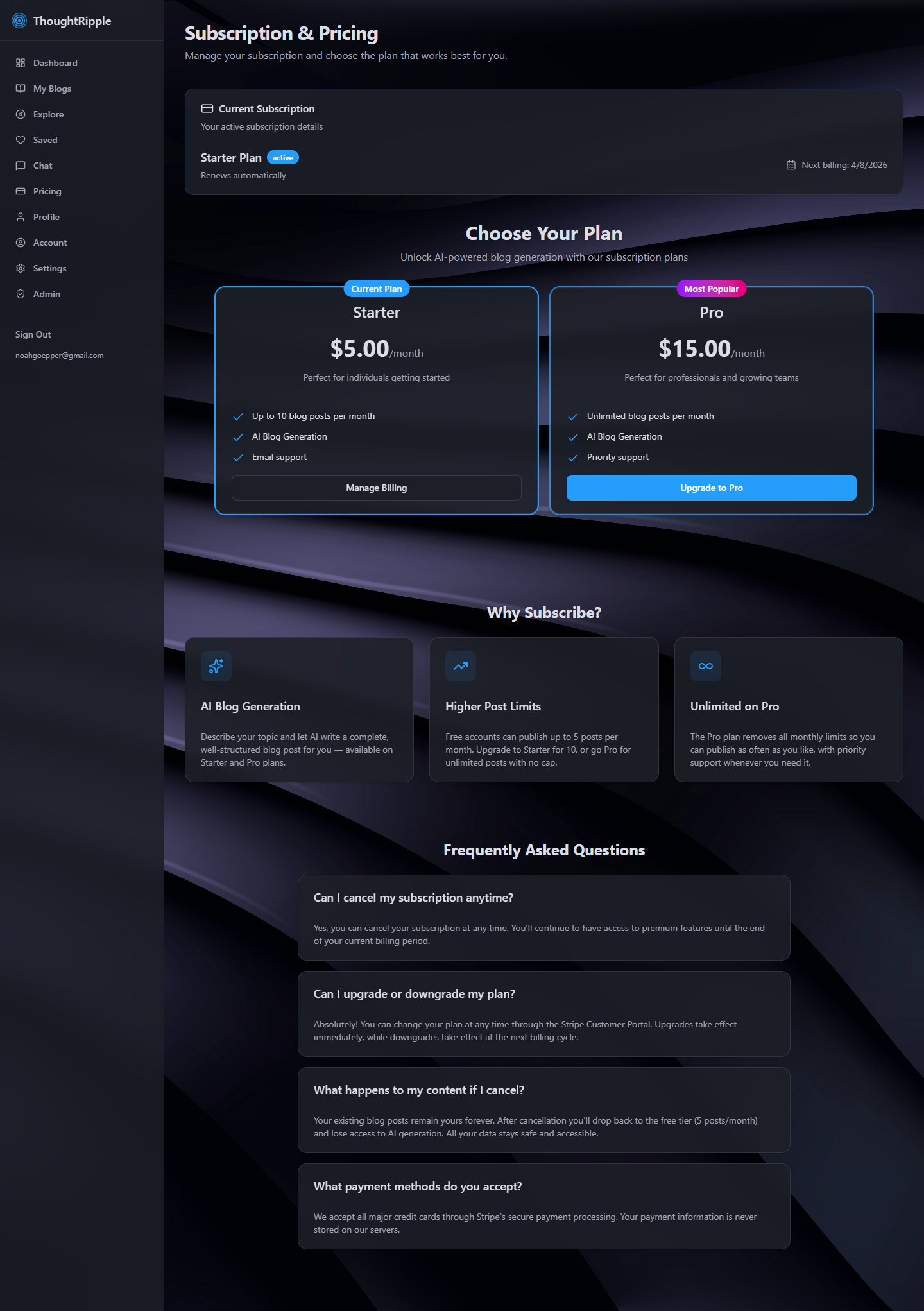 Subscription and pricing with an active Starter plan