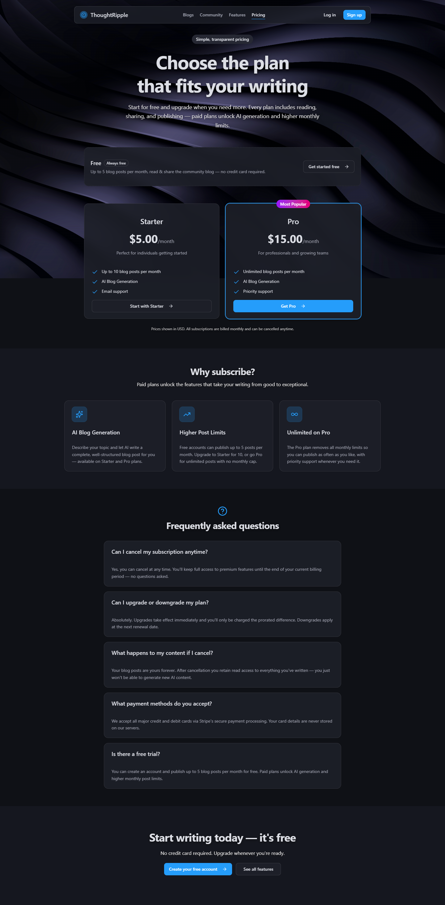 ThoughtRipple pricing — Free, Starter, and Pro