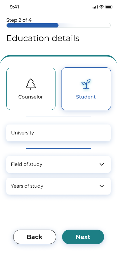 Education details — student or counselor — step 2 of 4