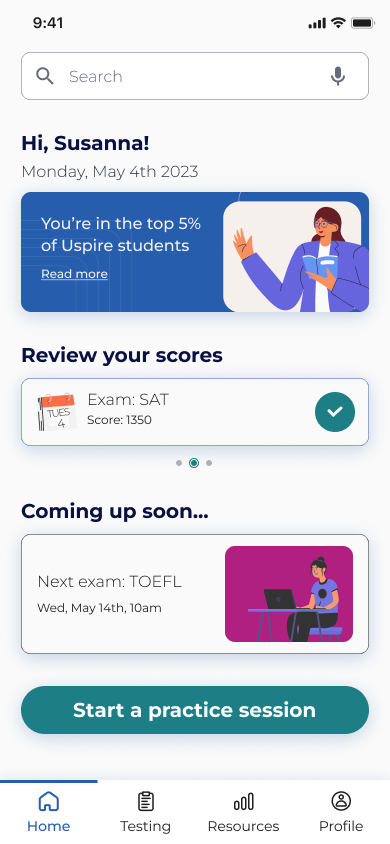 Home dashboard — greeting, score review, and upcoming exams