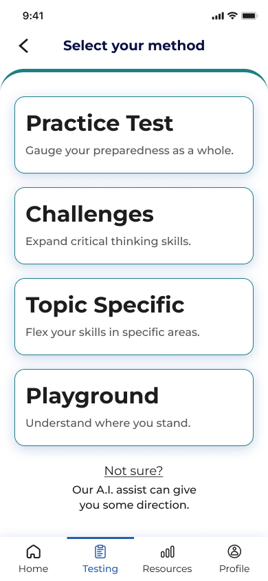 Select your method — Practice Test, Challenges, or Playground
