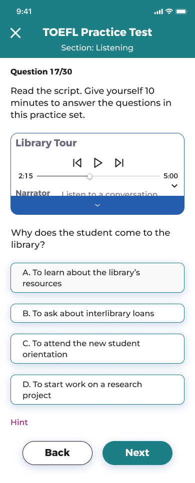 Practice Test — Listening question with an audio player