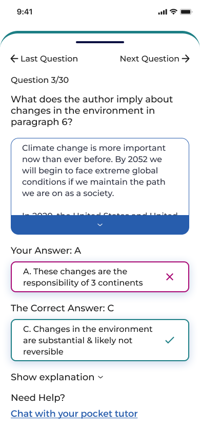 Question review — your answer vs. the correct answer, with Pocket Tutor help