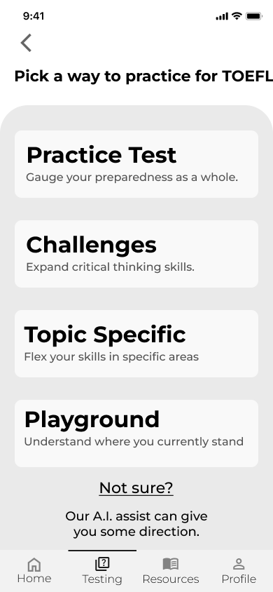 Mid-fi — pick a way to practice for TOEFL, including the Playground