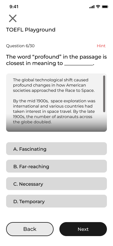 Mid-fi — Playground reading question with multiple-choice answers