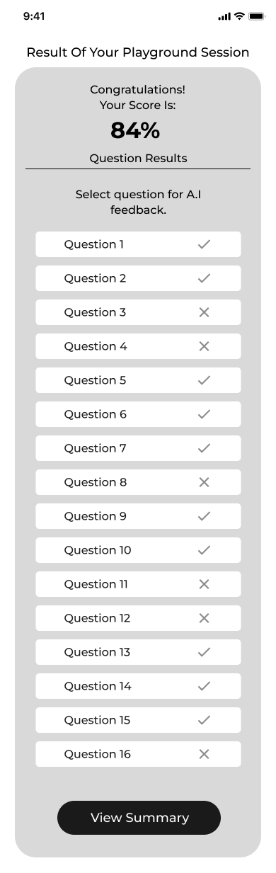 Mid-fi — Playground session results with a per-question breakdown