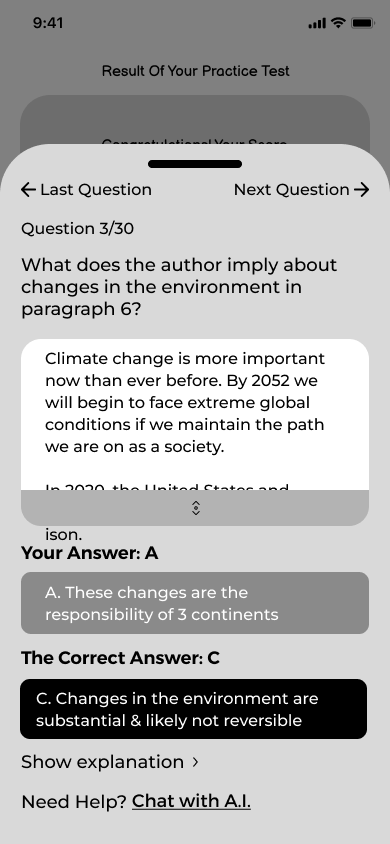 Mid-fi — question review showing the correct answer and A.I. help